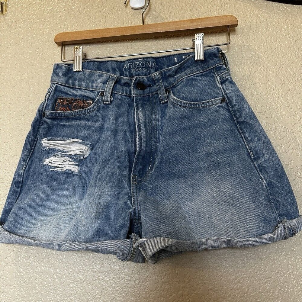 Arizona Jeans Co Womens‎ Jean Shorts Size 1 Patch Pocket Highest Rise Roll/fray